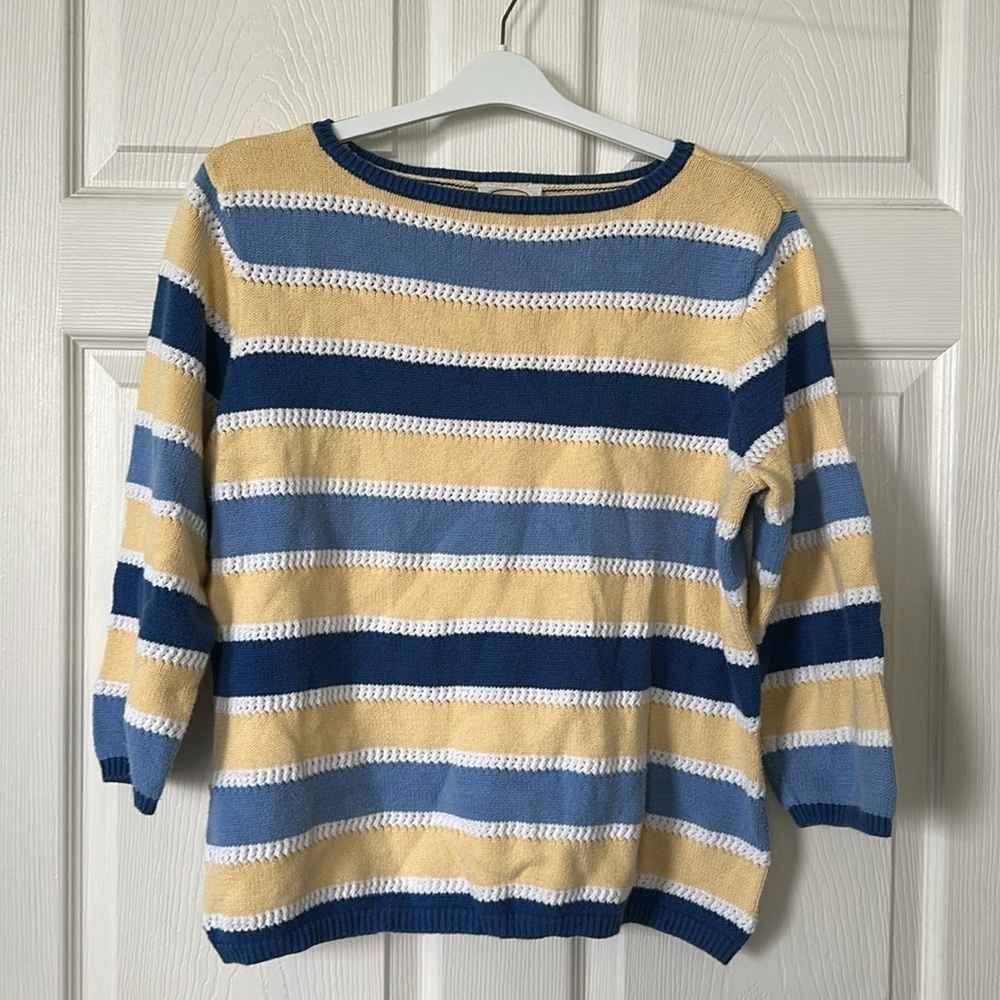 TALBOTS Women’s Blue and Yellow Striped 3/4 Sleeve Sweater Size XL NC0127